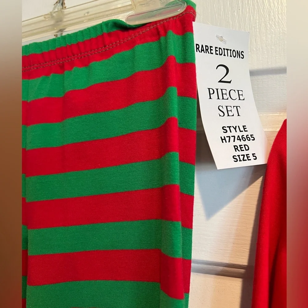 New🎄2 Pc Xmas Set - Red & Green Striped Pants & Red “JOY” Snowman Top